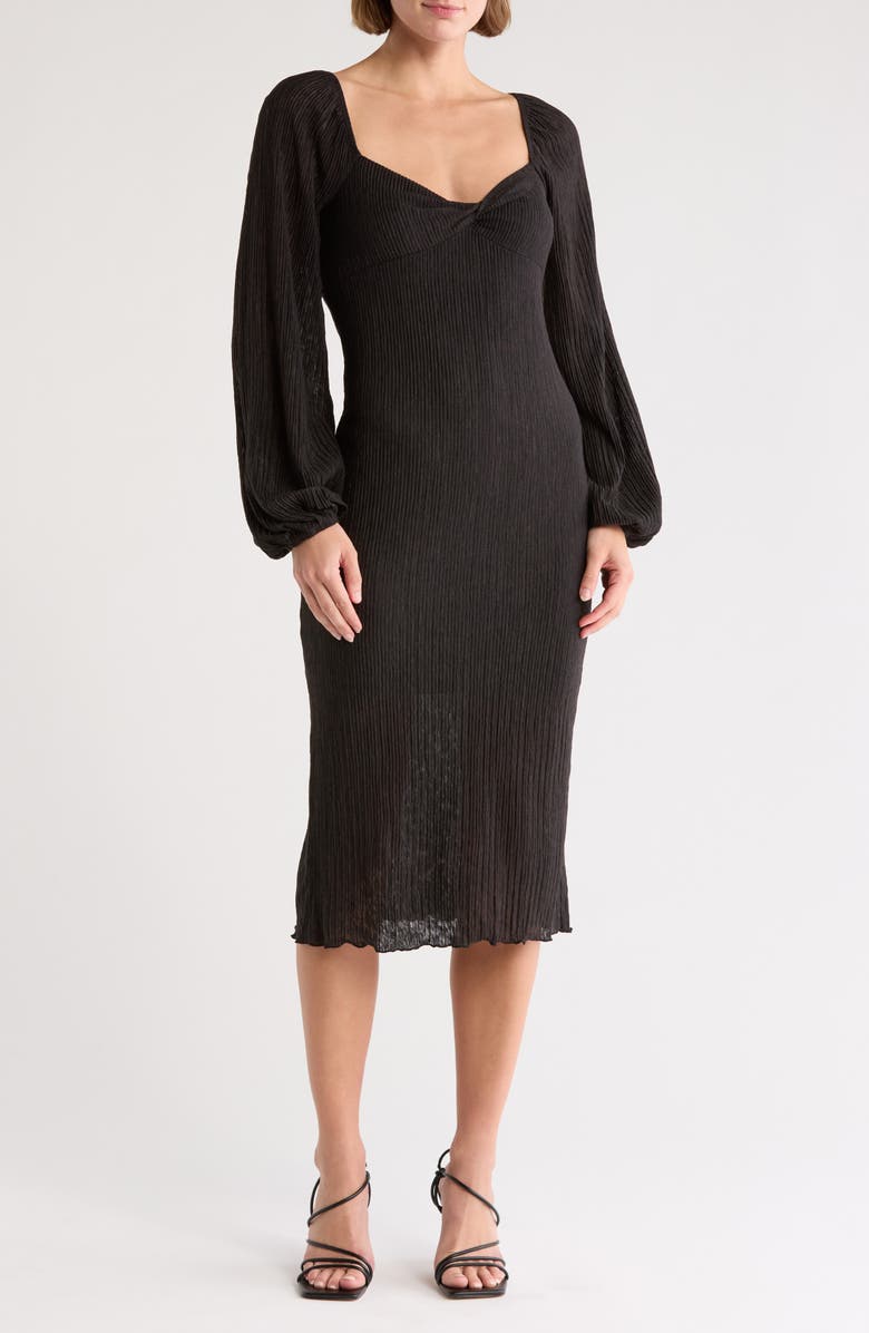 Lush Twist Front Long Sleeve Plissé Midi Dress, Main, color,