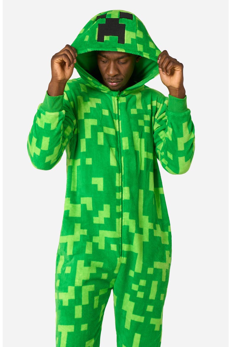 Creeper Minecraft™ Long Sleeve Hooded Fleece Jumpsuit, Alternate, color, GREEN