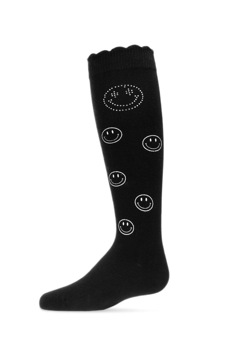 Jeweled Smiley Face Knee High Socks, Main, color, Black