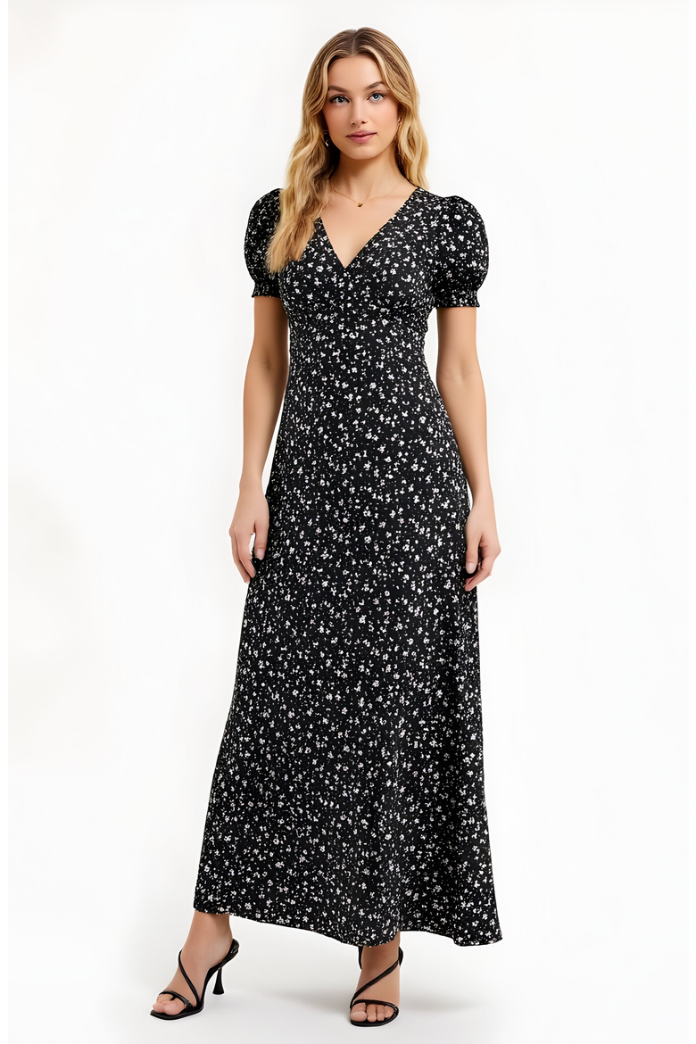 Floral Print Maxi Dress with Puff Sleeves, Main, color, Black Floral
