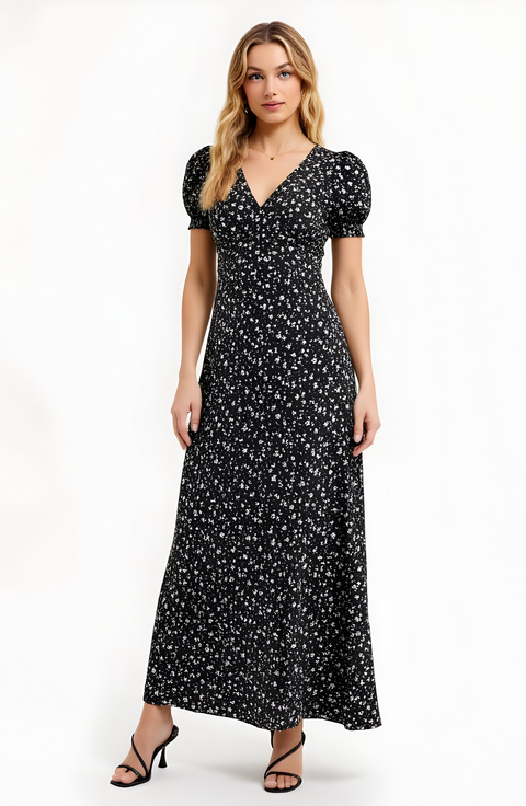 Floral Print Maxi Dress with Puff Sleeves