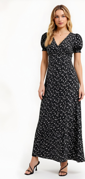 Modenaire Floral Print Maxi Dress with Puff Sleeves