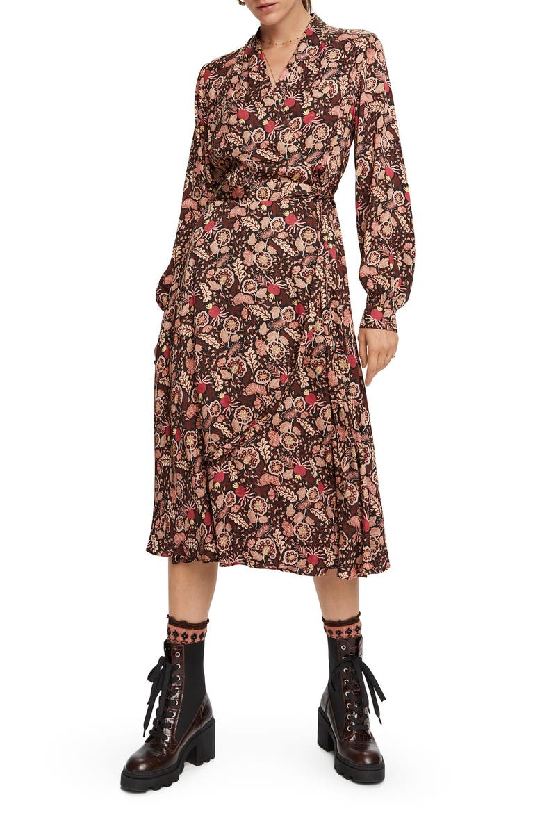 Floral Long Sleeve Wrap Midi Dress, Main, color, COMBO A