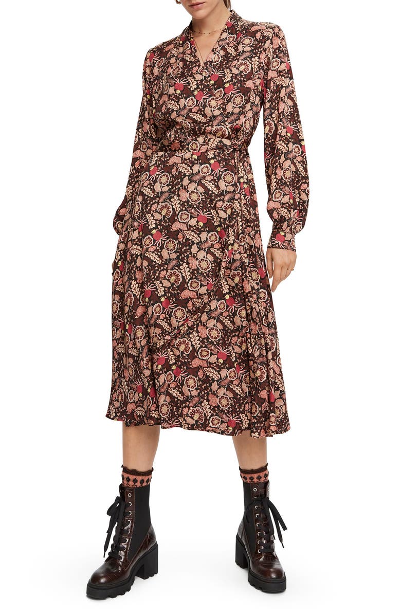 Scotch & Soda Floral Long Sleeve Wrap Midi Dress, Main, color, 