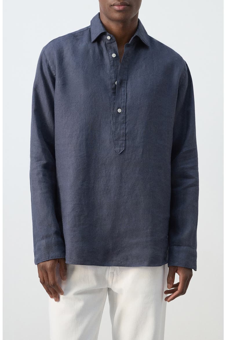 Long Sleeve Linen Polo Shirt, Main, color, INDIGO BLUE