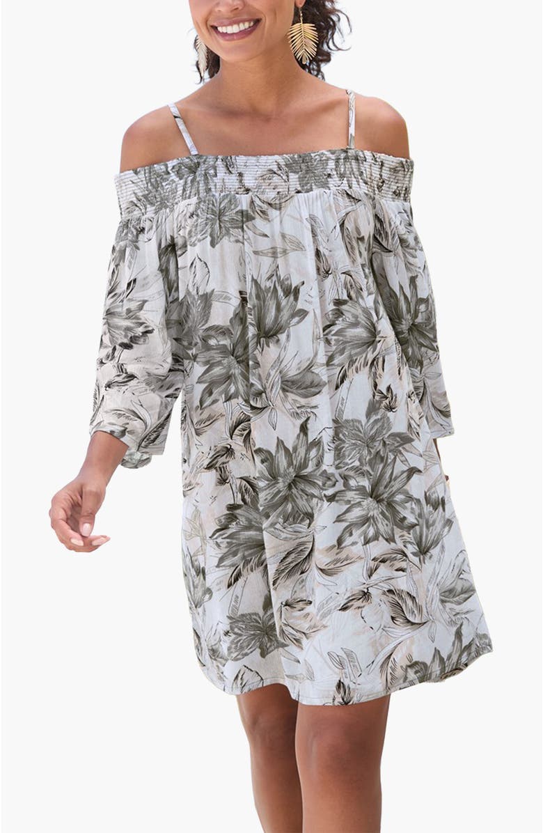 LASCANA Women's Off The Shoulder Patterned Dress, Main, color, Black Printed