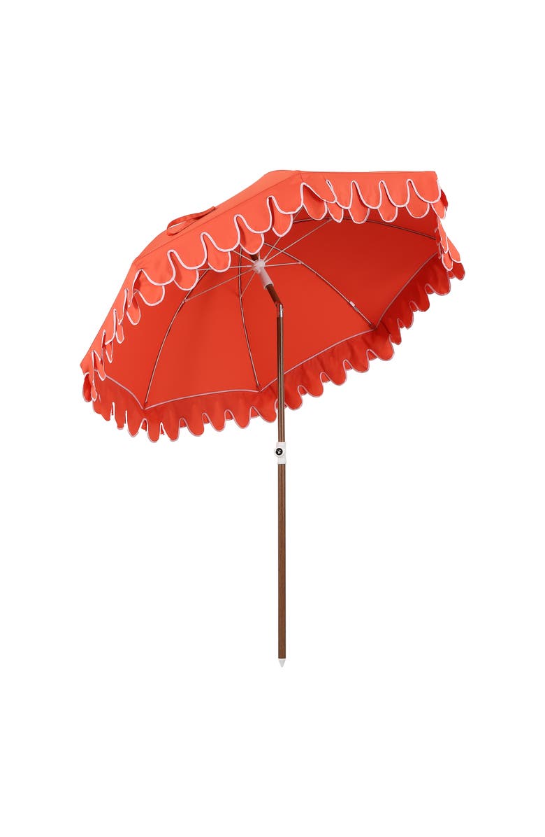 JONATHAN Y Horizon 6.5 ft. Classic MidCentury Scalloped Fringe Market Beach Umbrella with Push-Button Tilt, Alternate, color, Coral Red - Dark Brown Pole