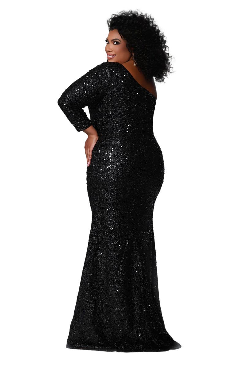 Sydney's Closet One-Shoulder Long Sleeve Sequin Plus Size Gown, Alternate, color, Onyx