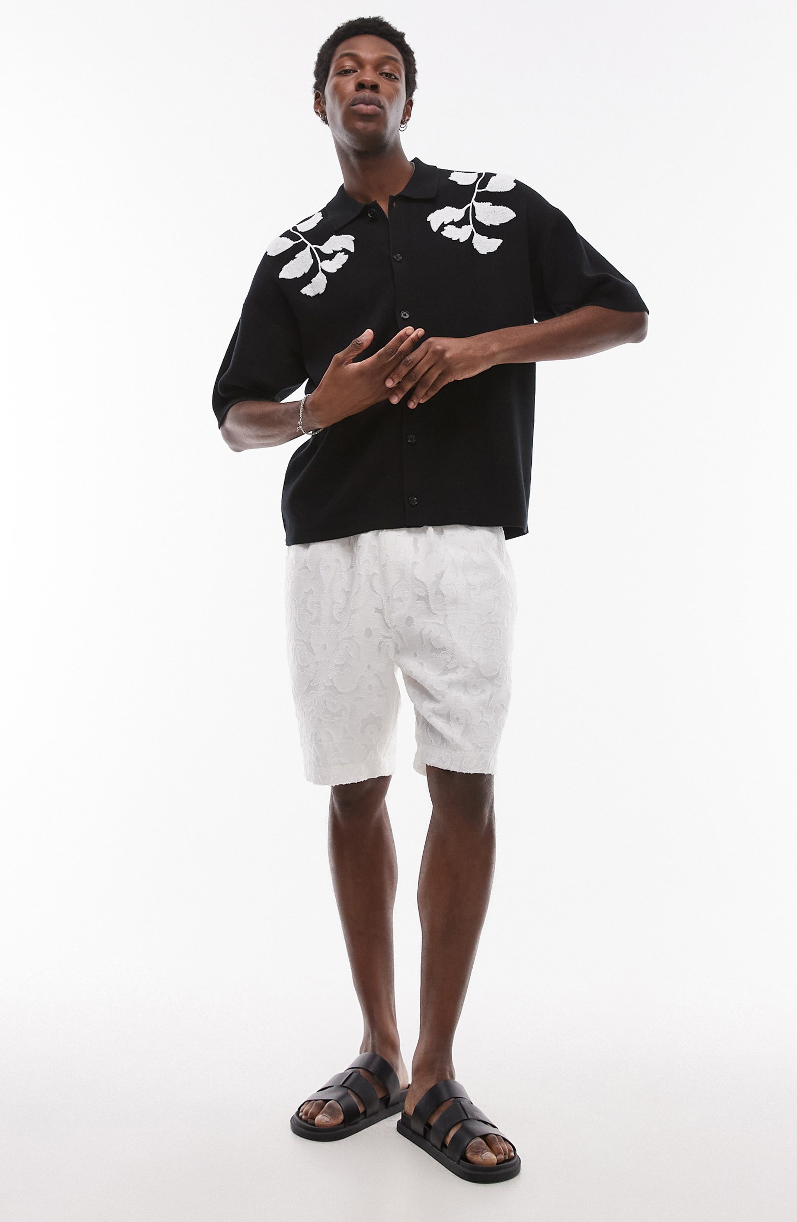 Topman Oversize Embroidered Knit Short Sleeve Button-Up Shirt (Men