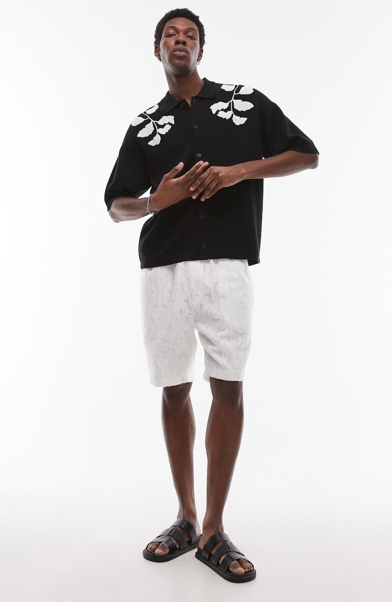 Topman Oversize Embroidered Knit Short Sleeve Button-Up Shirt, Alternate, color, Black