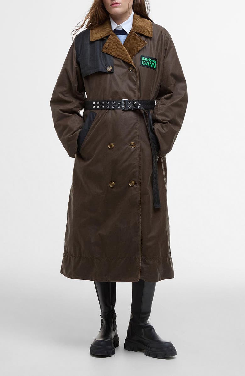 Barbour x Ganni Waxed Colorblock Trench Coat, Main, color,