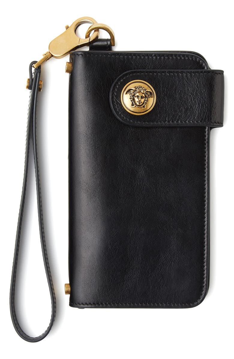 Versace Emblème Long Leather Wallet, Main, color, Black-Gold 82
