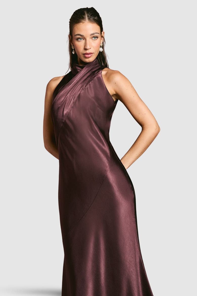 Satin High Neck Fishtail Maxi Dress, Alternate, color, Espresso