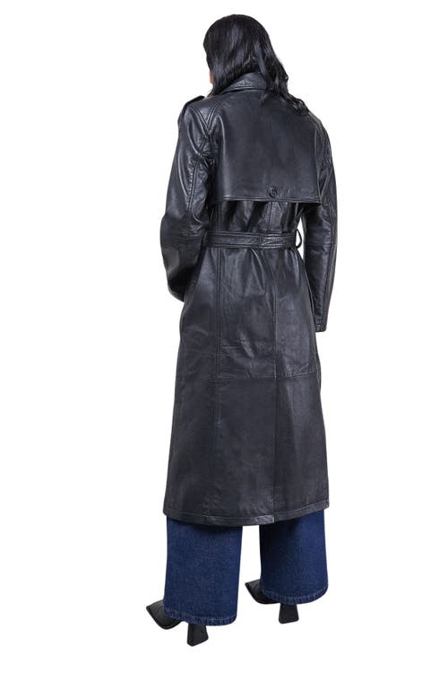 Warehouse Real Leather Belted Trench Coat In Black