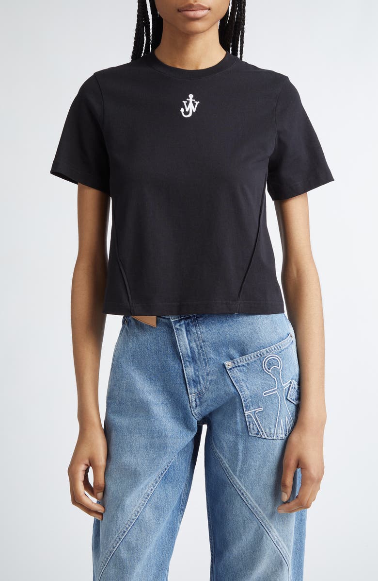 JW Anderson Panelled Anchor Embroidered Crop T-Shirt, Main, color, Black