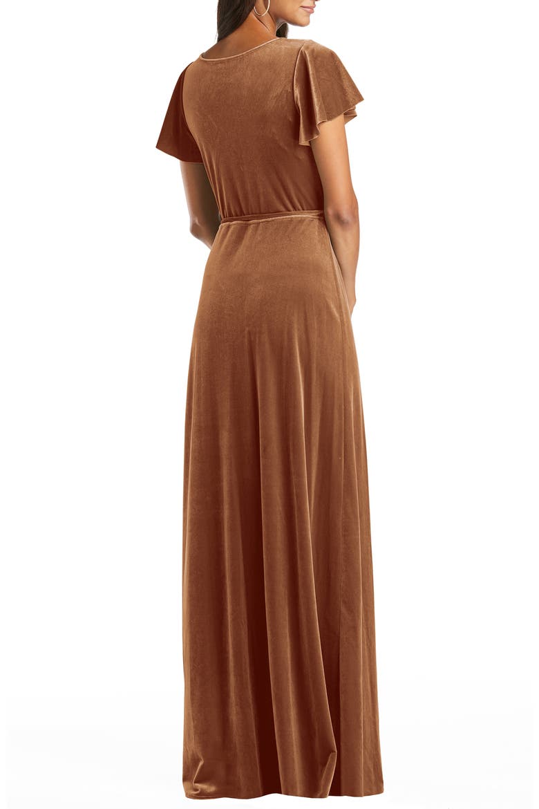 Flutter Sleeve Velvet Wrap Gown, Alternate, color, GOLDEN ALMOND