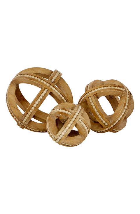 Light Brown Wood Handmade Beaded Geometric Sculpture - Set of 3