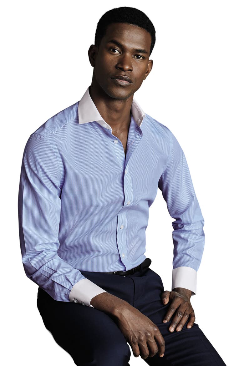 Winchester Bengal Stripe Non-Iron Poplin Slim Fit Shirt Single Cuff, Alternate, color, Sky Blue