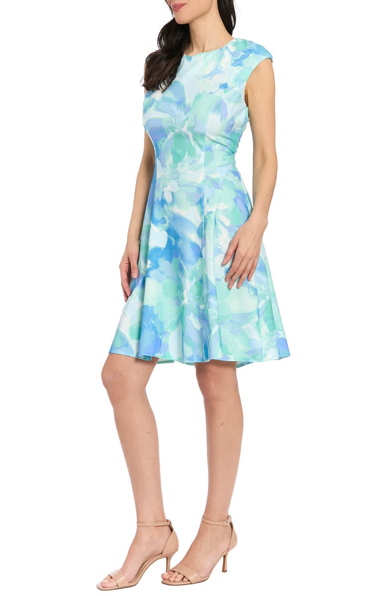 London Times Floral Cap Sleeve Fit & Flare Dress, Alternate, color, Sage/ Vista Blue
