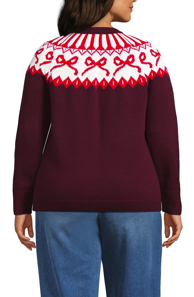 Lands' End Plus Size Drifter Raglan Pointelle Crew Neck Sweater, Alternate, color, Burgundy Bow Fairisle