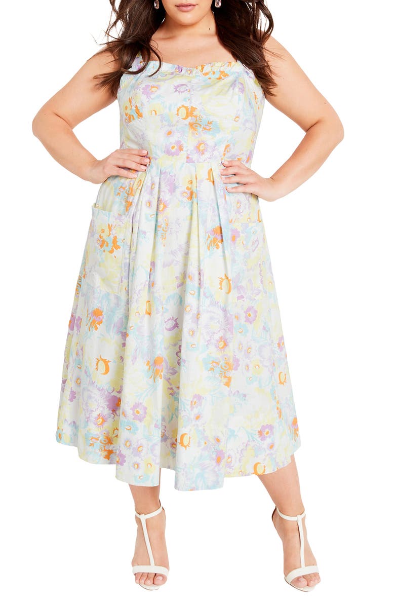 City Chic Luiza Floral Ruffle Trim Midi Dress, Main, color, 