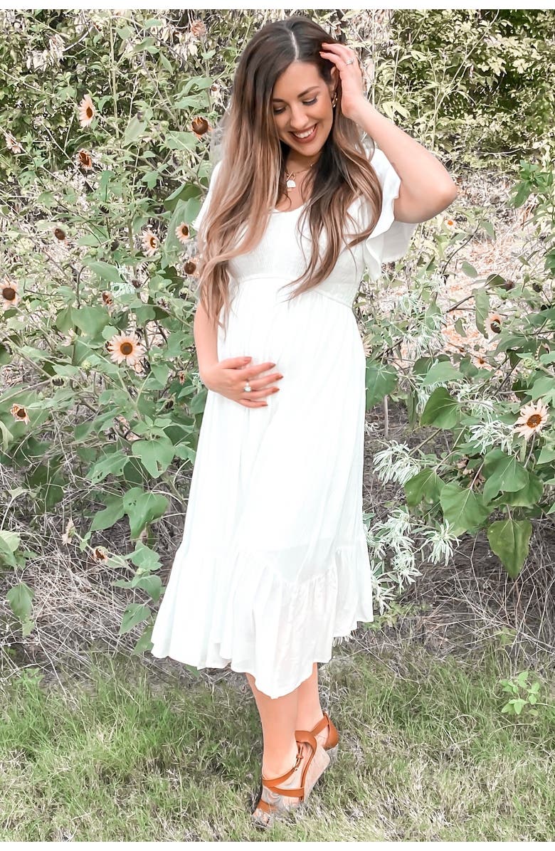 PinkBlush Smocked V-Neck Midi Dress, Alternate, color, White