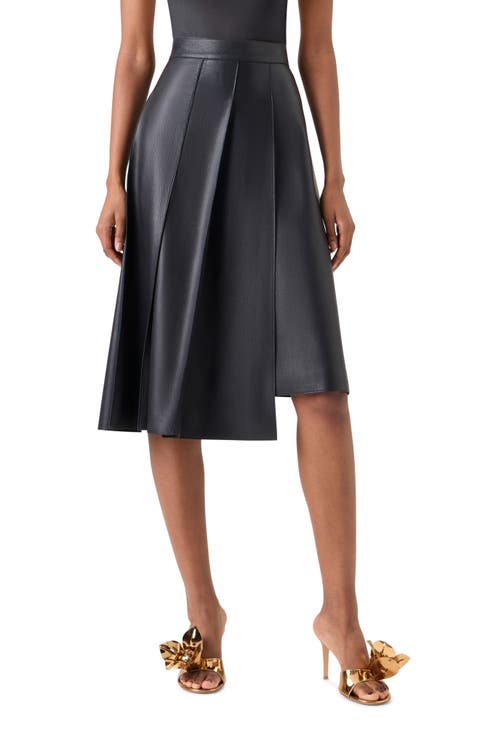 Pleated Asymmetrical Lambskin Leather A-Line Midi Skirt