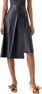 Akris Pleated Asymmetrical Lambskin Leather A-Line Midi Skirt
