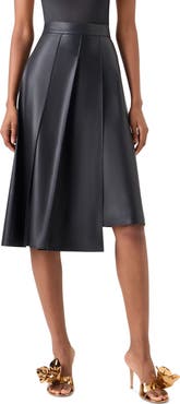 Akris Pleated Asymmetrical Lambskin Leather A-Line Midi Skirt