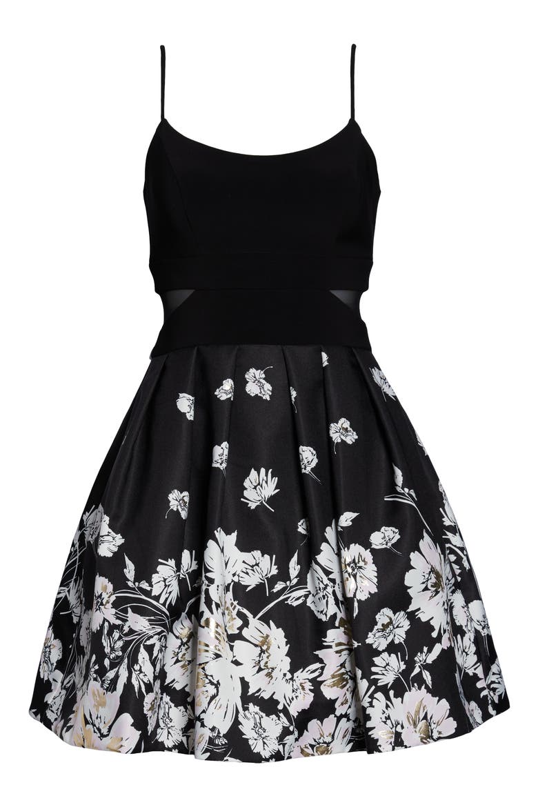Xscape Mesh Inset Print Pleated Party Dress, Alternate, color, BLACK/ IVORY