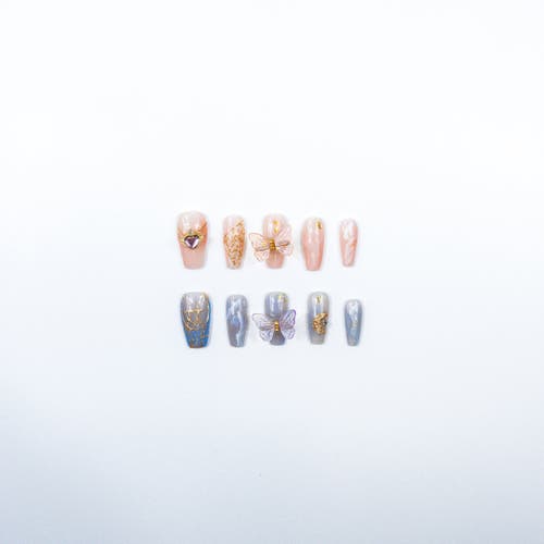 3h Nails 3h Luxury Handmade Press-on Nails, Peach & Lavender With 3d Butterfly Charms, Reusable Size