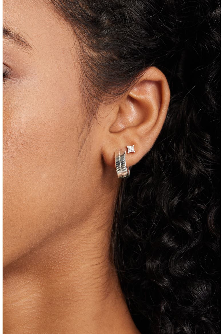Demifine Herringbone Hoop & Cubic Zirconia Stud Set, Alternate, color, STERLING SILVER PLATED