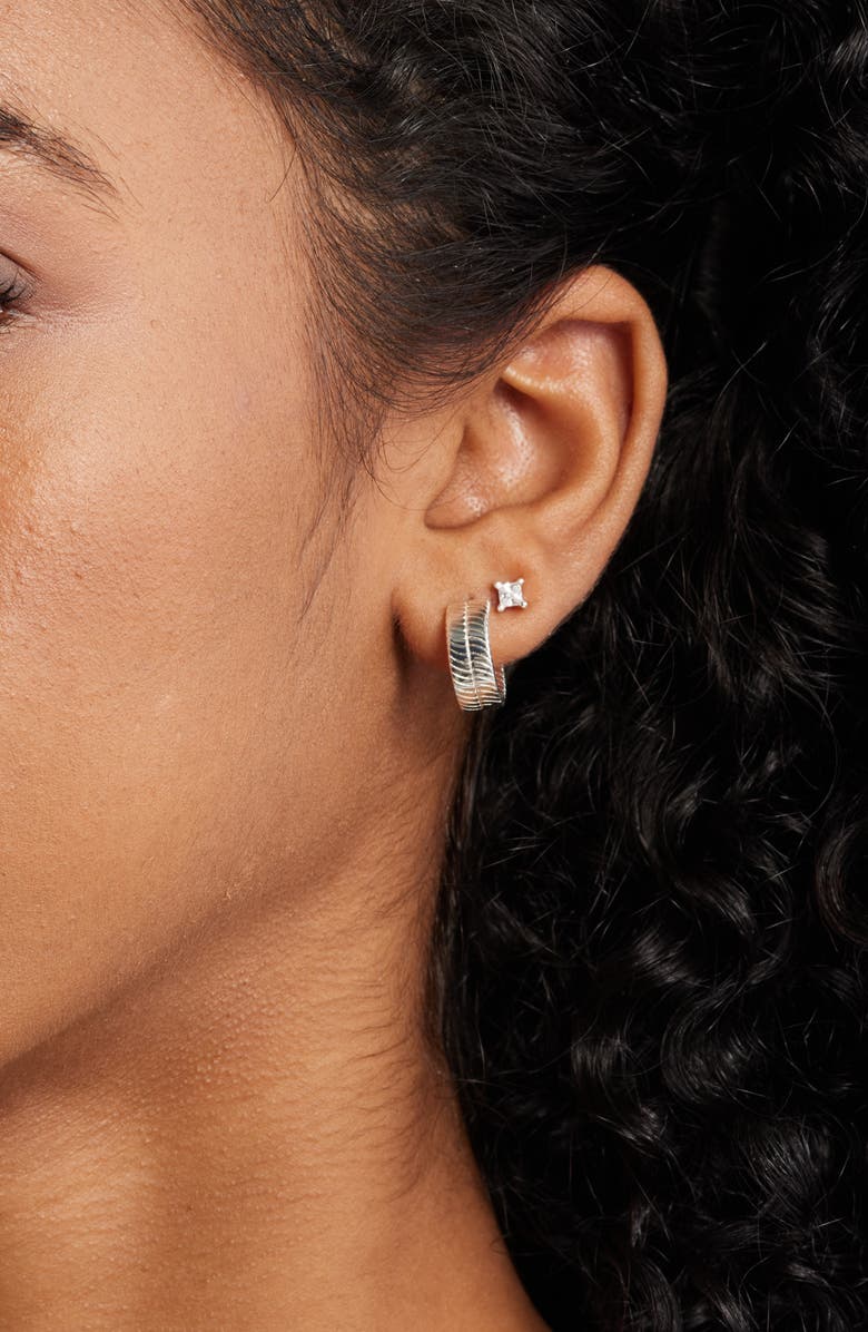 Nordstrom Demifine Herringbone Hoop & Cubic Zirconia Stud Set, Alternate, color, Sterling Silver Plated