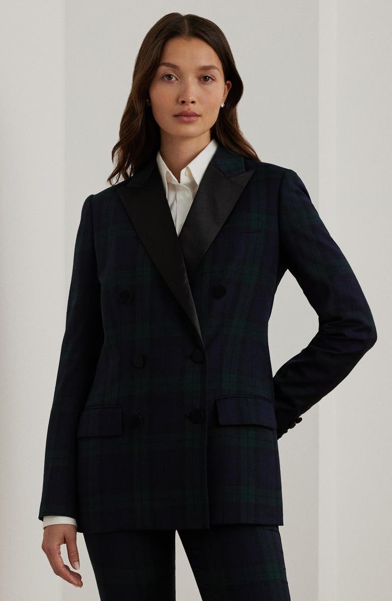 Lauren Ralph Lauren Plaid Satin Trim Double Breasted Wool Blend Blazer, Alternate, color, 
