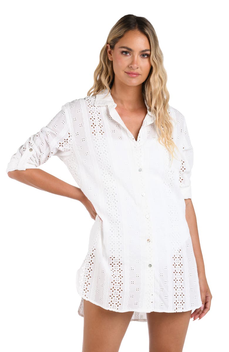 La Blanca Eyelet Cotton Cover-Up Tunic, Alternate, color, Ivory