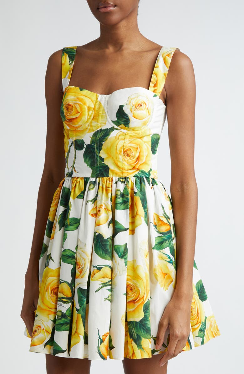 Dolce&Gabbana Rose Print Corset Bodice Minidress, Alternate, color, Ha3vorose Gialle Fdo Bco