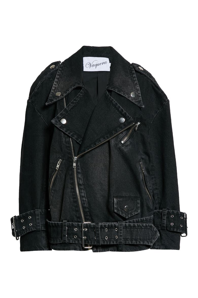 Oversize Denim Moto Jacket, Alternate, color, BLACK