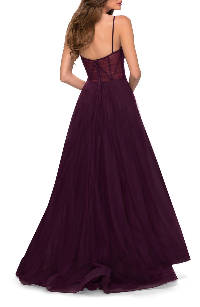 La Femme A Line Tulle Prom Dress with Sheer Bodice, Alternate, color, Dark Berry