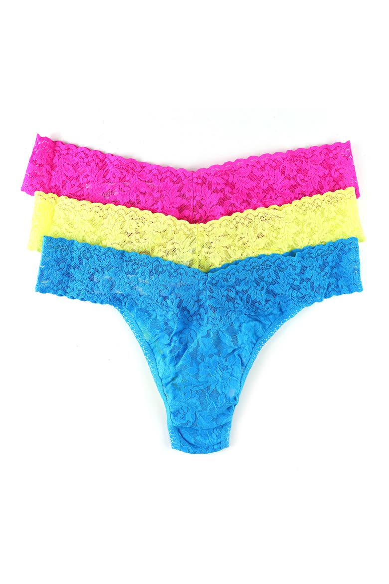 Assorted 3-Pack Lace Original Rise Thongs, Alternate, color, PINK/ YELLOW/ BLUE