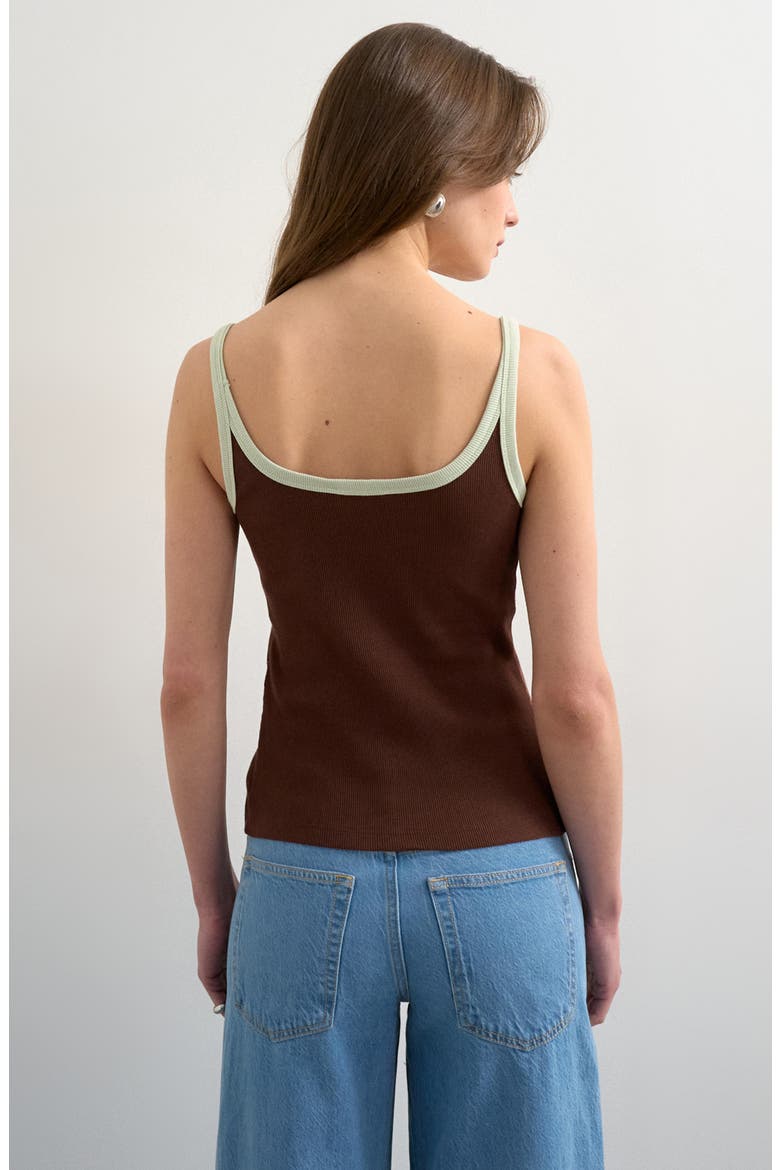 Scoop Neck Contrast Strap Stretch Cotton Rib Tank, Alternate, color, BROWN