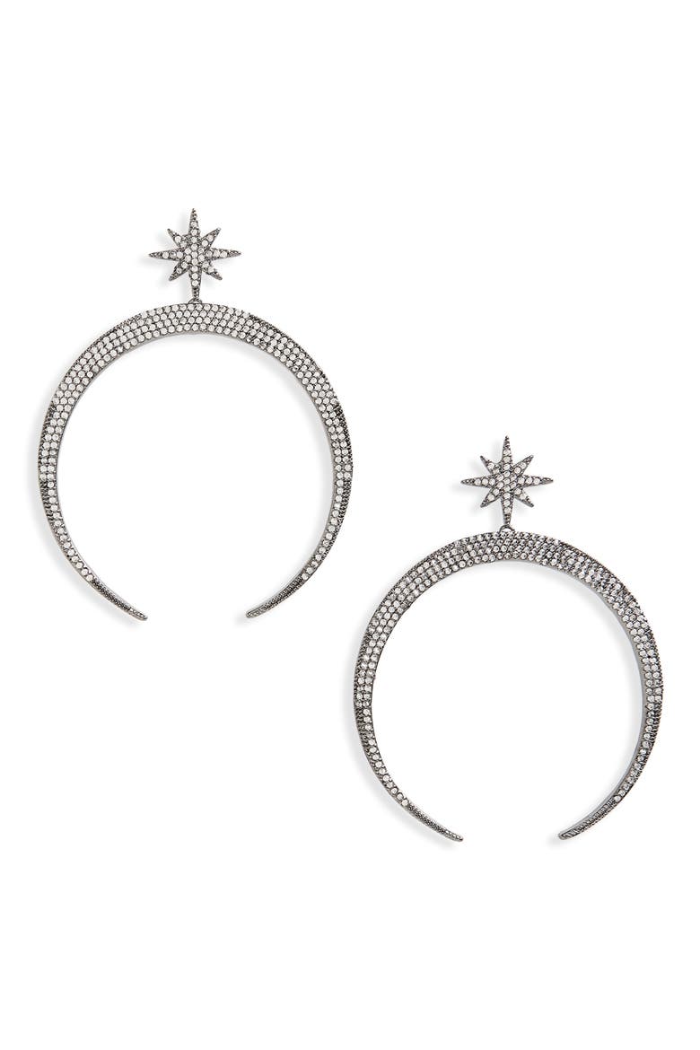 Pavé Moon Earrings, Main, color, BLACK
