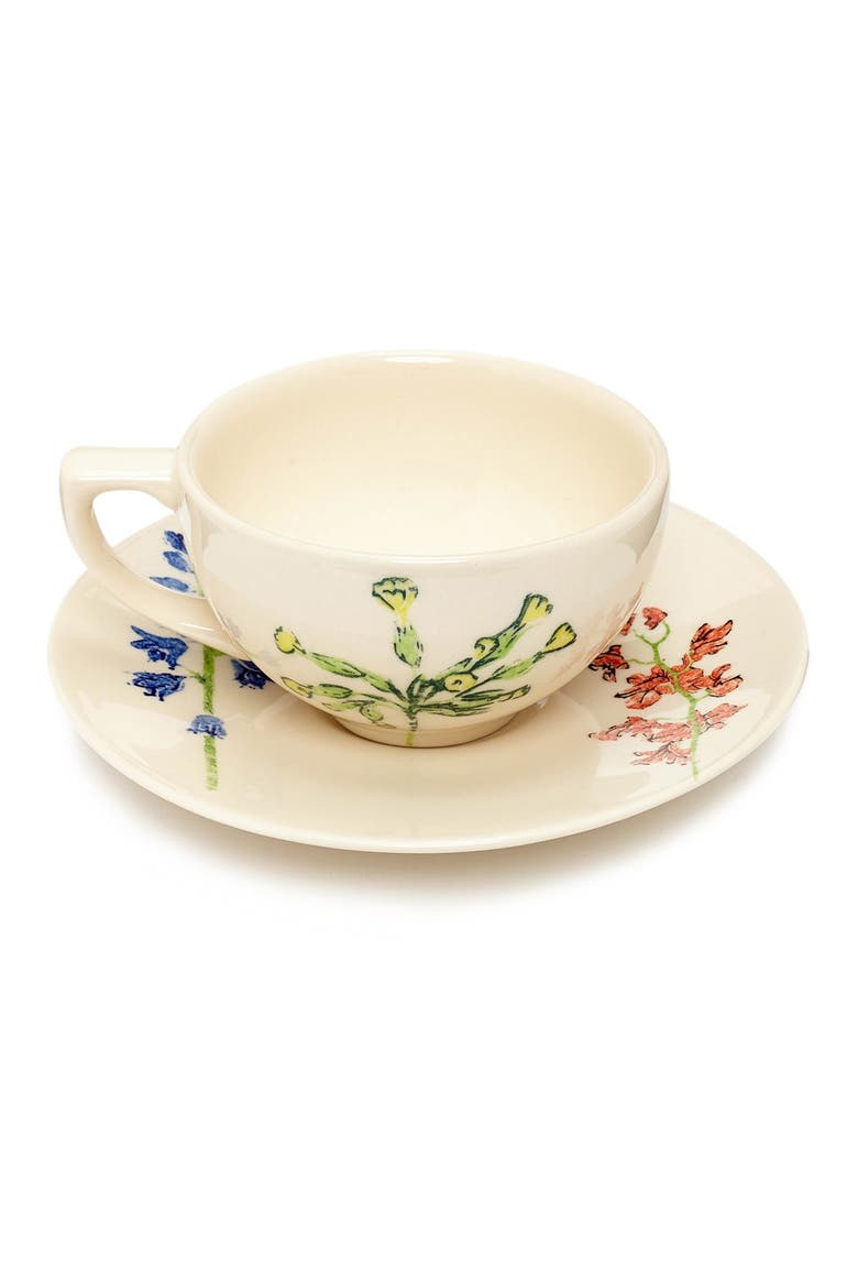 Floral Stenciled Ceramic Cup & Saucer, Alternate, color, THEODORA