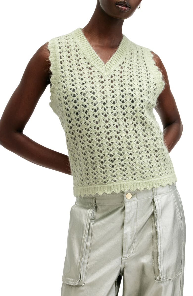 AllSaints Vivian Openwork Sweater Vest, Main, color, Earth Green