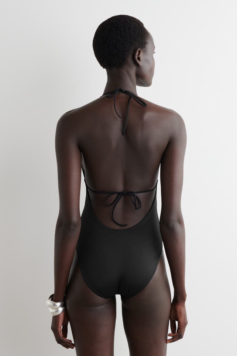 Embellished Plunge-Neck Swimsuit, Alternate, color, BLACK