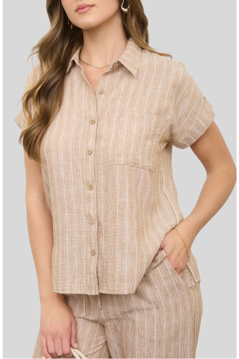 Stripe Cotton & Linen Button-Up Shirt, Main, color, KHAKI