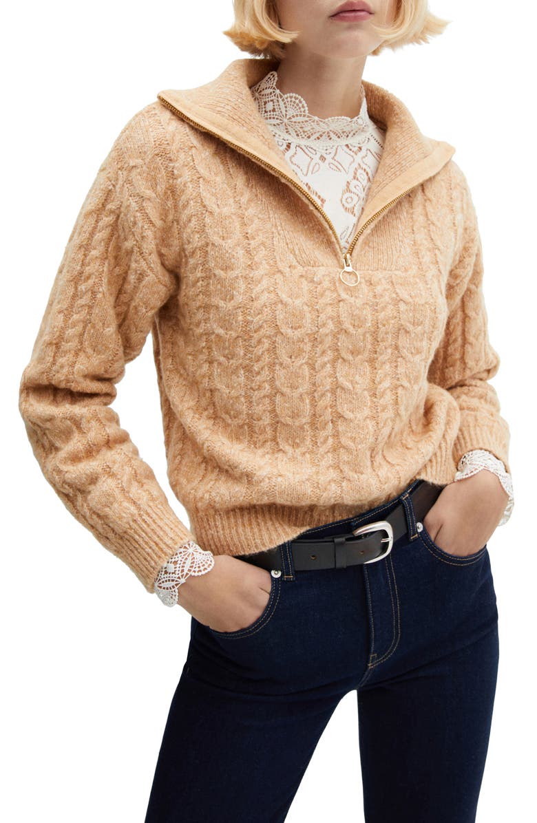 MANGO Cable Quarter Zip Sweater, Main, color,