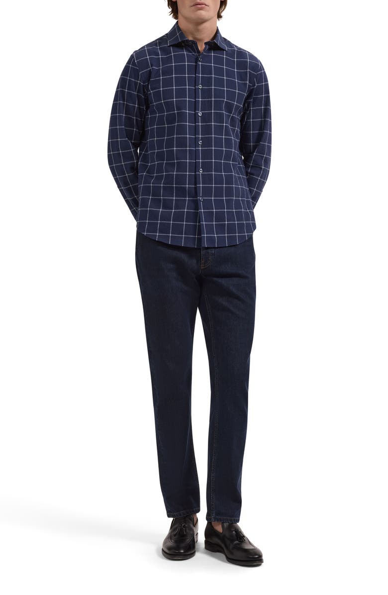 Bugatchi Axel Shaped Fit Stretch Cotton Button-Up Shirt, Alternate, color, Navy