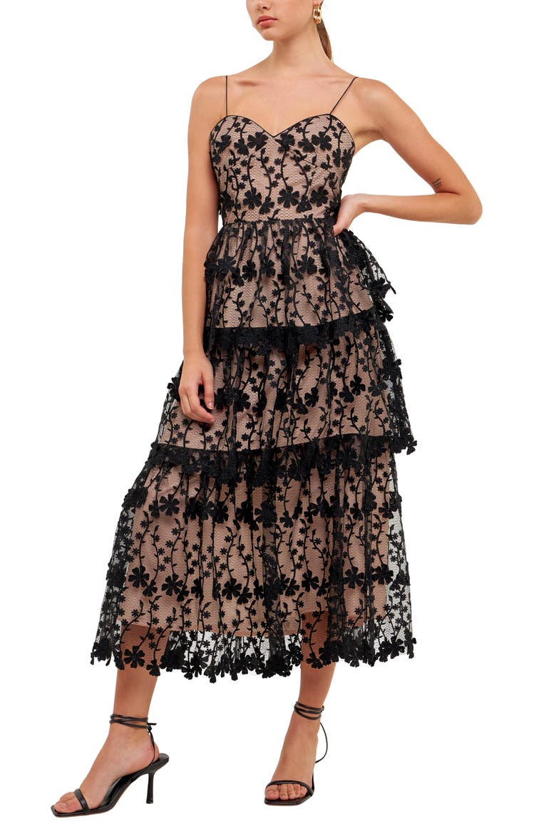 Floral Embroidered Tiered Dress, Alternate, color, BLACK