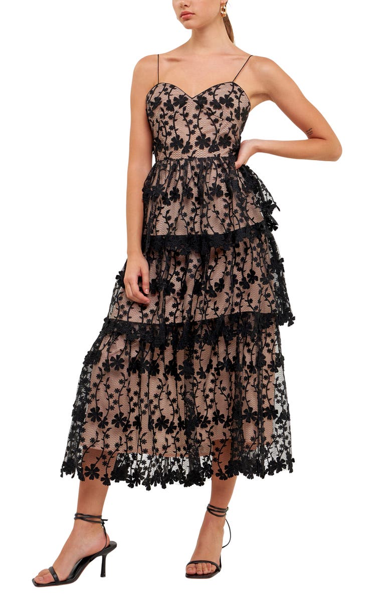 Endless Rose Floral Embroidered Tiered Dress, Alternate, color, Black