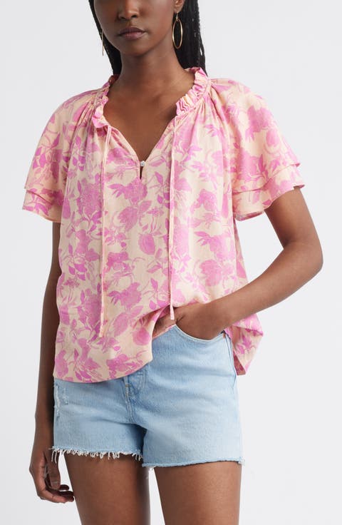 Shirred Botanical Print Linen Blend Top